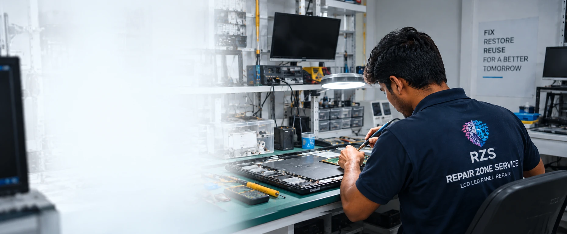 Repair Zone Service technician performing LCD and LED panel repair in a professional workshop